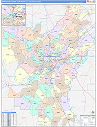 Birmingham-Hoover Metro Area Wall Map Color Cast Style 2026